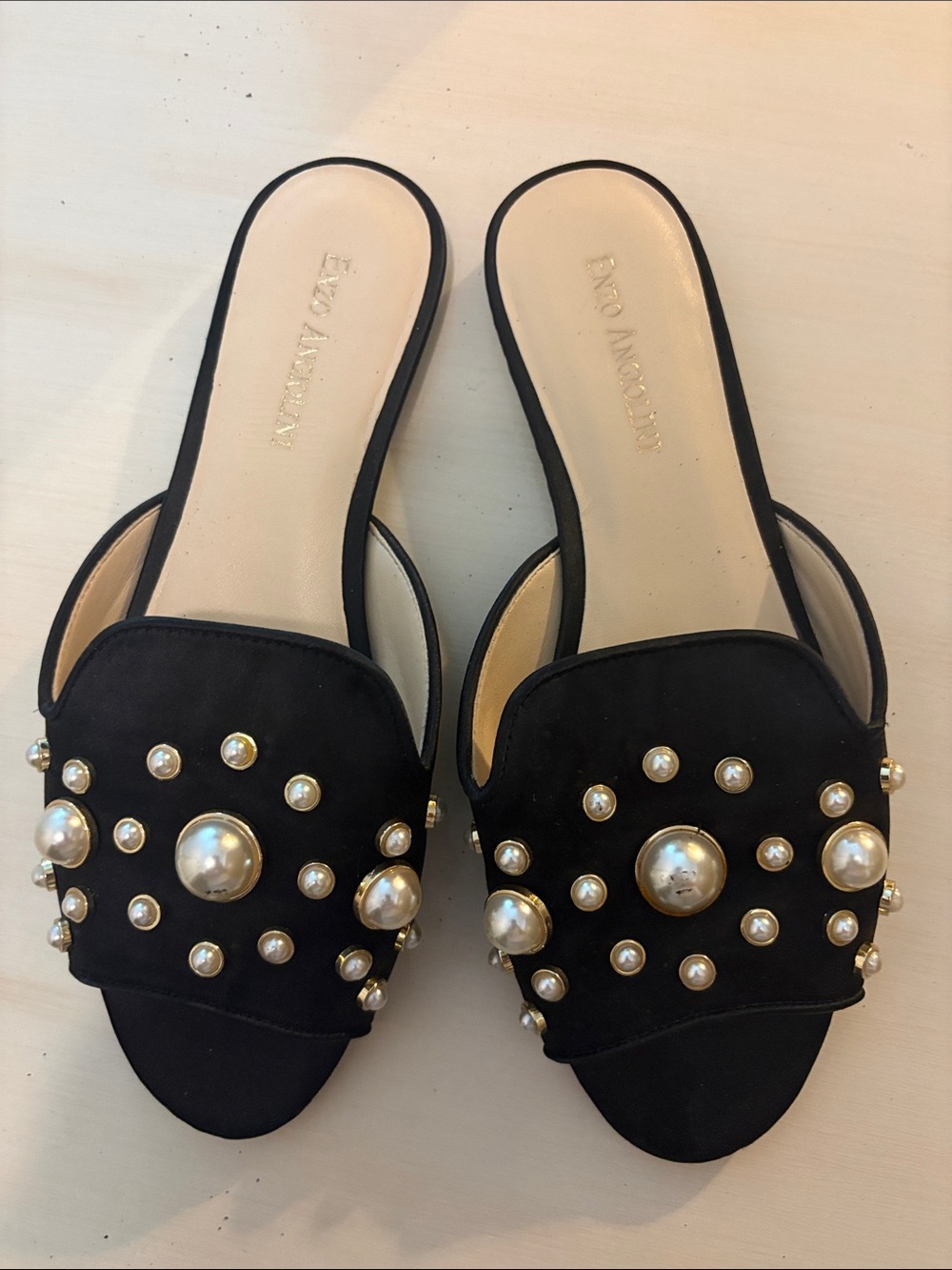 Enzo Angiolini Black Pearl-Studded Slide Mules